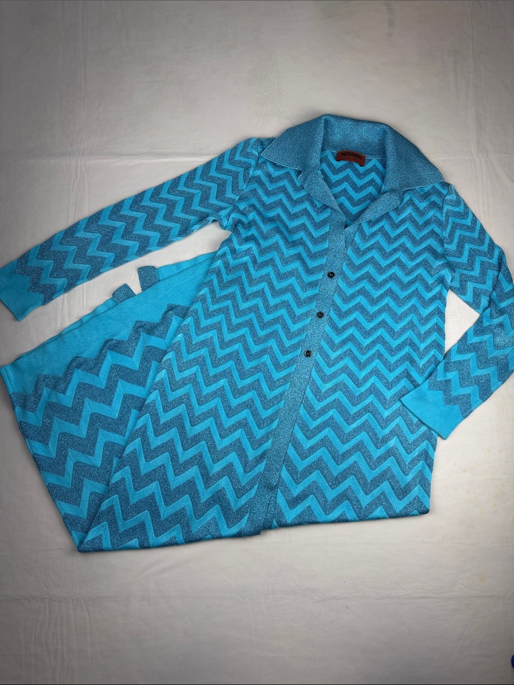 Missoni Turquoise Zigzag Knit Collared Maxi Dress Buttons Front Slit Size 4